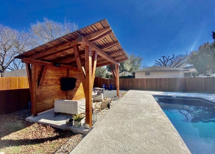 Dripping Springs, 12 x 16, heavy timbers, shingle roof, cedar, contemporary, pavilion kit, free standing pavilion, cement or concrete pad, backwall, free standing pavilion, cabana, post and beam, builder/contractor, residential