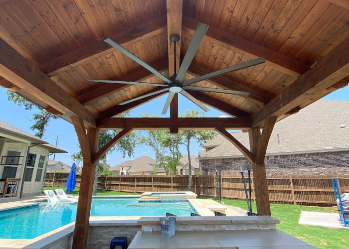 College Station, 12'x12', heavy timbers, shingle roof, cedar, king post, poolside or swimming pool, private cabana, pool house, outdoor kitchen or kitchen, residential, outdoor living, entertaining, shade structure, builder/contractor